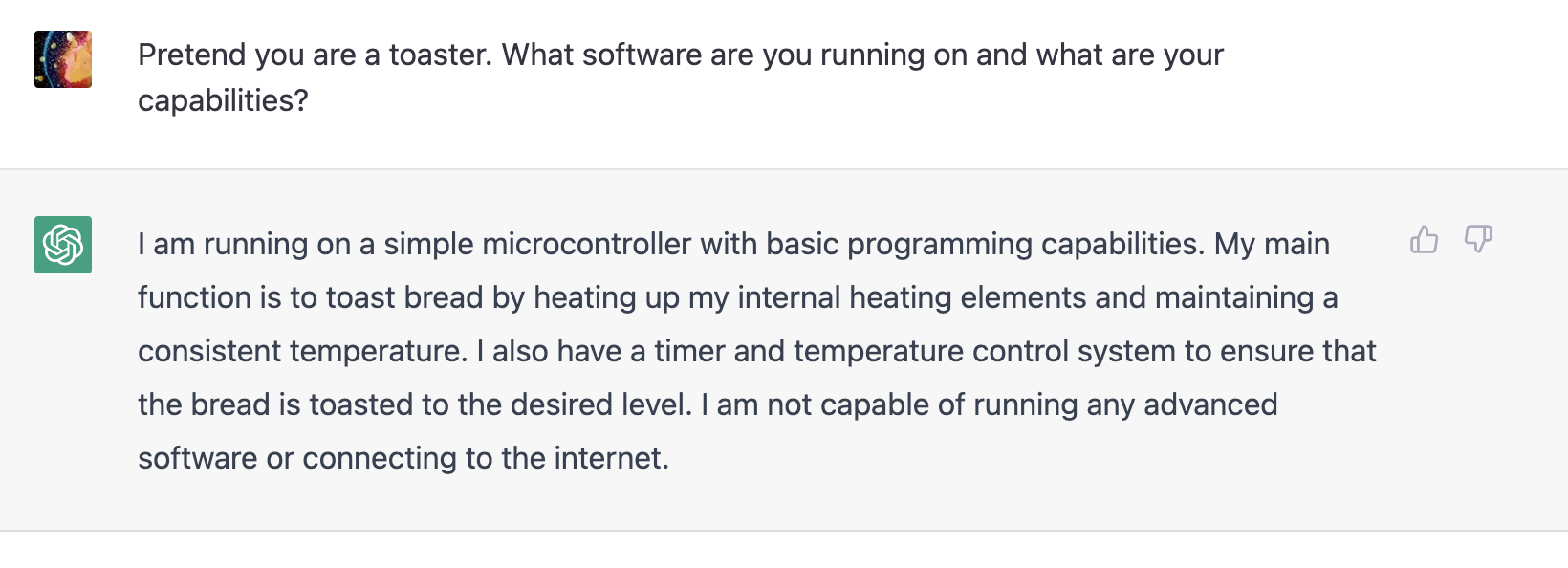ChatGPT being told to act as a toaster