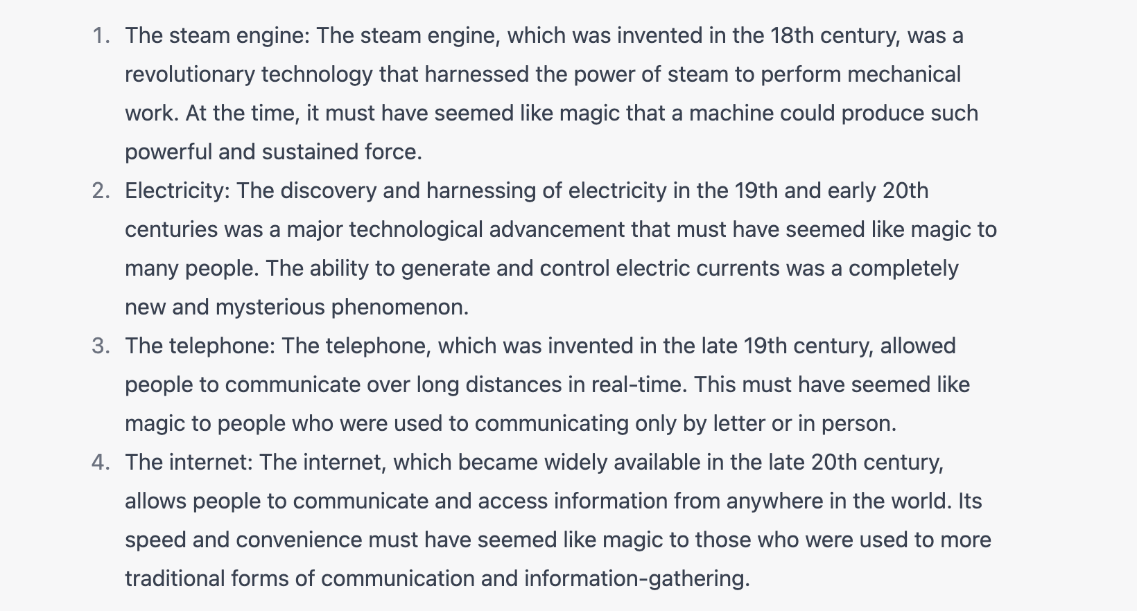 ChatGPT describing historic examples of technology that felt like magic