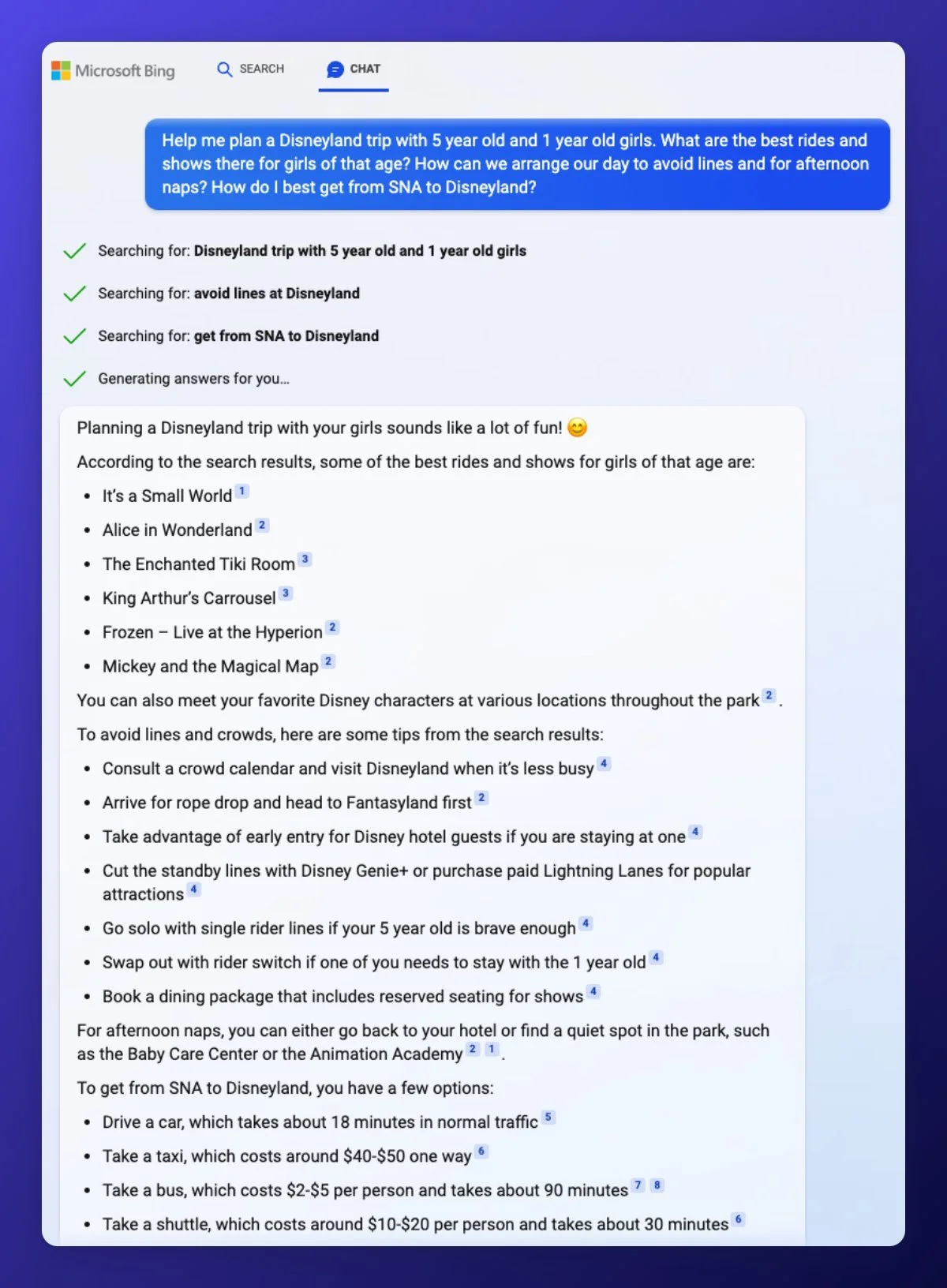 Bing Chat planning a Disneyland trip