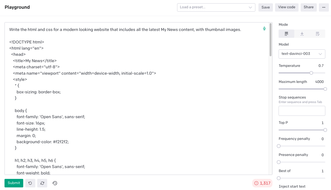 GPT-3 generating HTML and CSS for a news website